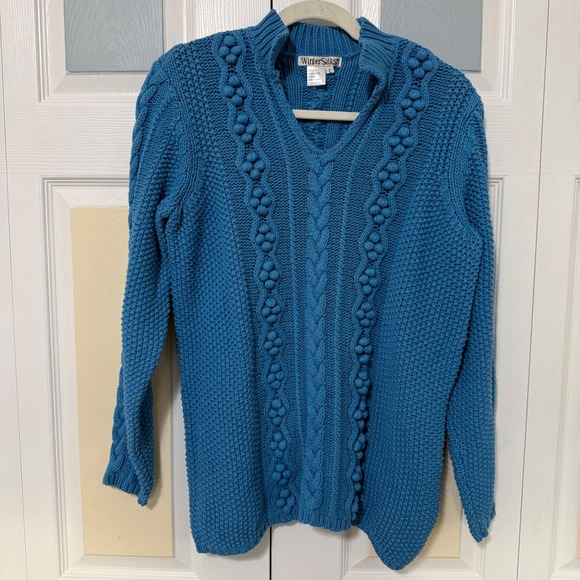 WinterSilks Sweaters - WinterSilks‎ Turquoise Blue Cable Knit Bobble Silk Cotton Blend Sweater Size L
